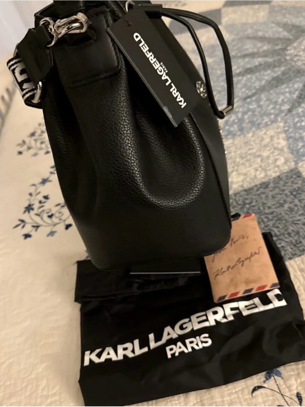 Karl Lagerfeld Black Leather Drawstring Hobo with Logo Strap